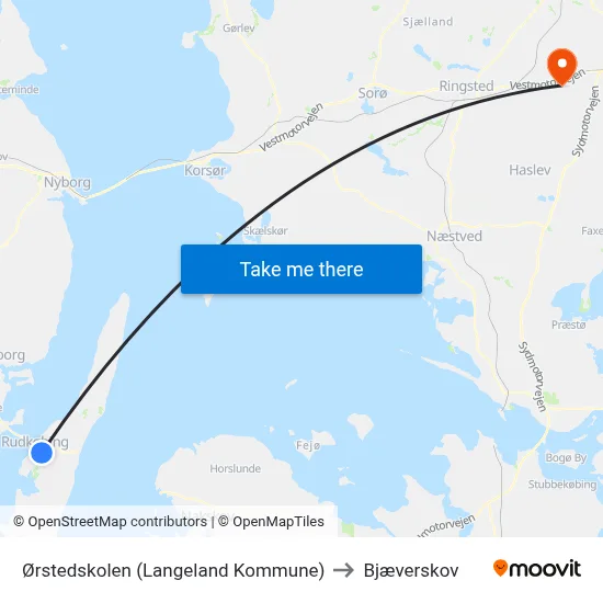 Ørstedskolen (Langeland Kommune) to Bjæverskov map