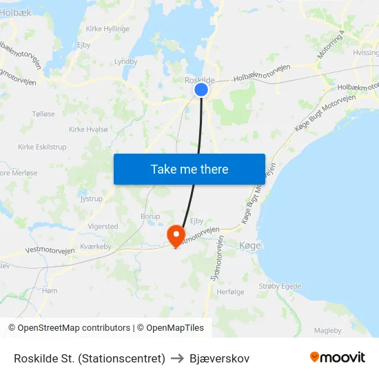 Roskilde St. (Stationscentret) to Bjæverskov map