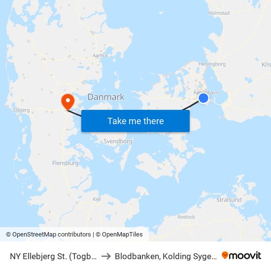 NY Ellebjerg St. (Togbus) to Blodbanken, Kolding Sygehus map