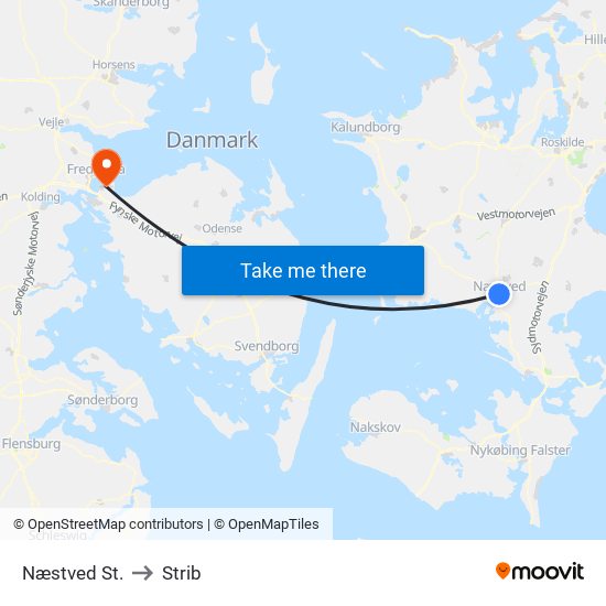 Næstved St. to Strib map
