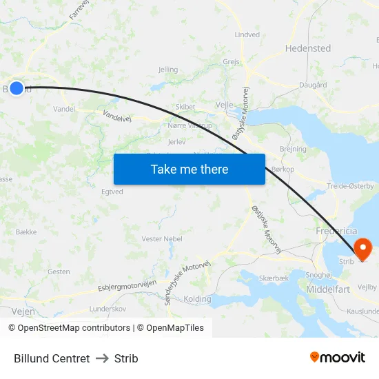 Billund Centret to Strib map