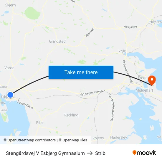 Stengårdsvej V Esbjerg Gymnasium to Strib map