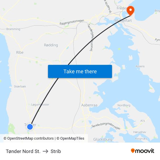 Tønder Nord St. to Strib map