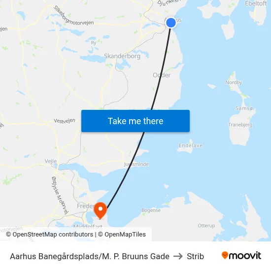 Aarhus Banegårdsplads/M. P. Bruuns Gade to Strib map