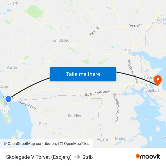 Skolegade V Torvet (Esbjerg) to Strib map