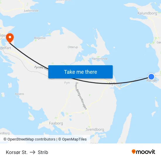 Korsør St. to Strib map