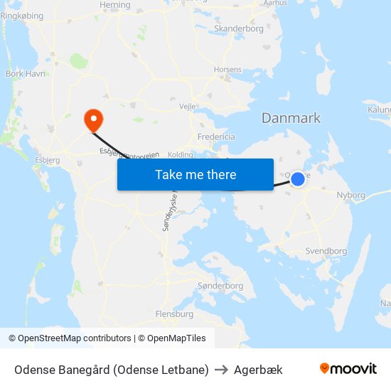 Odense Banegård (Odense Letbane) to Agerbæk map