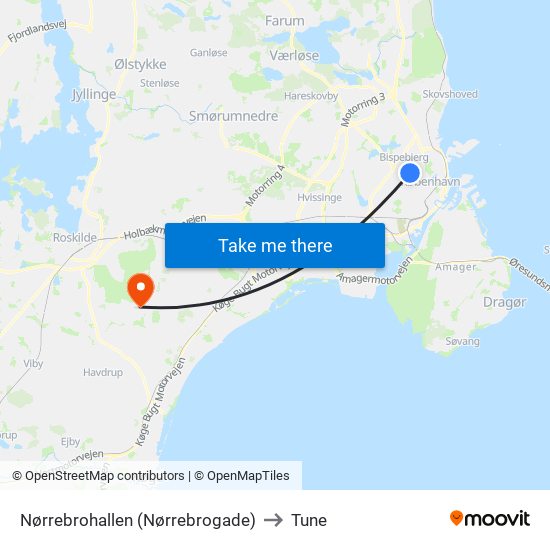 Nørrebrohallen (Nørrebrogade) to Tune map