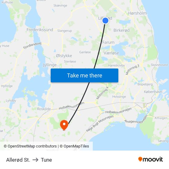 Allerød St. to Tune map