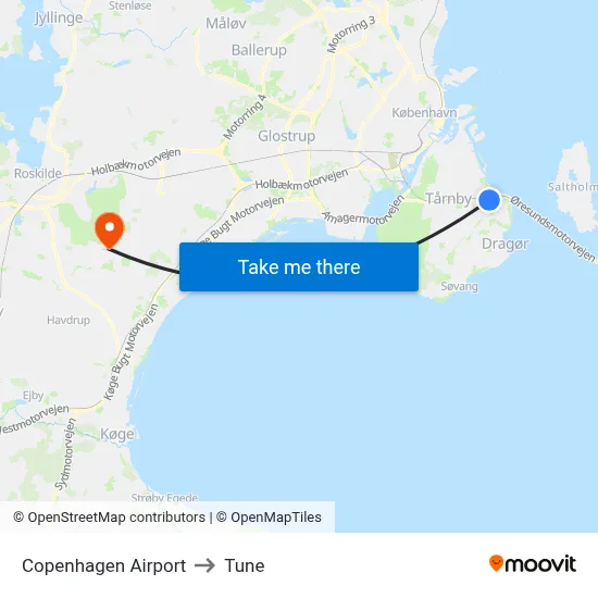 Copenhagen Airport to Tune map