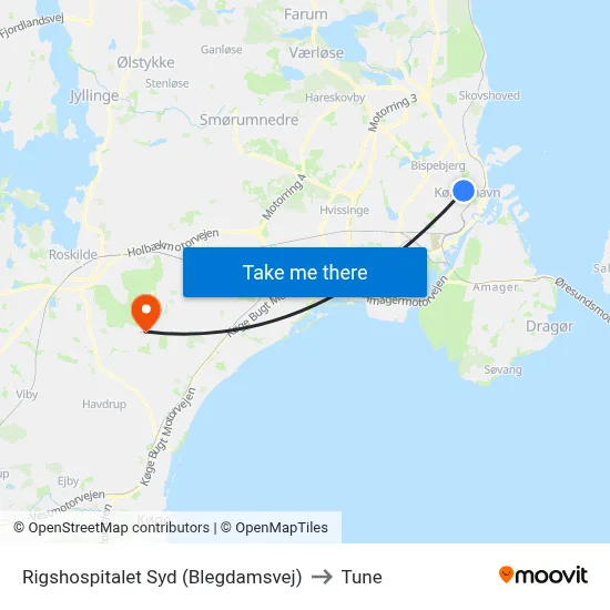 Rigshospitalet Syd (Blegdamsvej) to Tune map