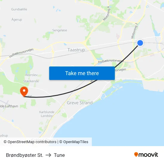Brøndbyøster St. to Tune map