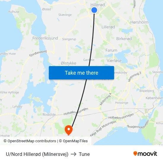 U/Nord Hillerød (Milnersvej) to Tune map
