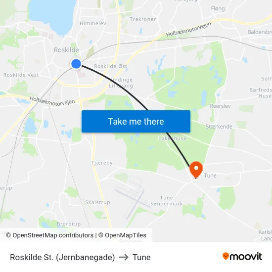 Roskilde St. (Jernbanegade) to Tune map
