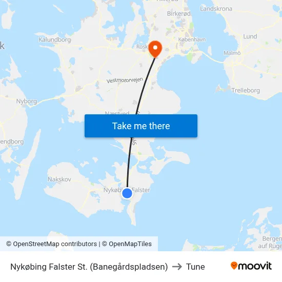 Nykøbing Falster St. (Banegårdspladsen) to Tune map