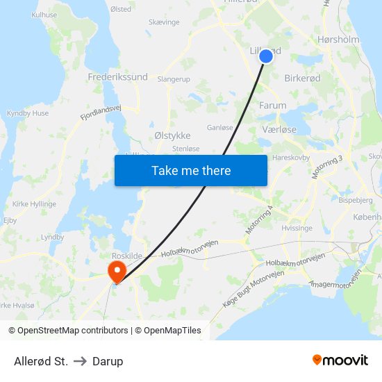 Allerød St. to Darup map