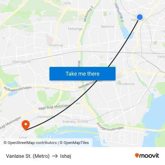 Vanløse St. (Metro) to Ishøj map