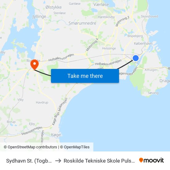 Sydhavn St. (Togbus) to Roskilde Tekniske Skole Pulsen 8 map