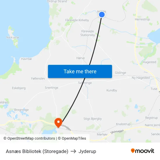 Asnæs Bibliotek (Storegade) to Jyderup map