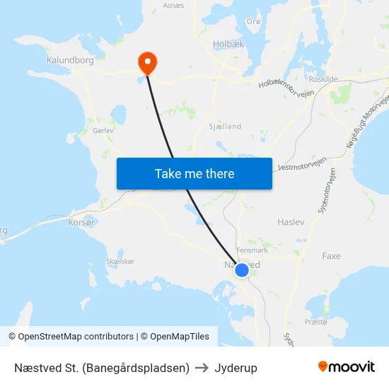 Næstved St. (Banegårdspladsen) to Jyderup map