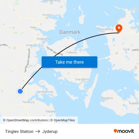 Tinglev Station to Jyderup map