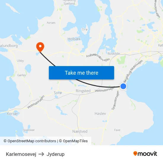 Karlemosevej to Jyderup map
