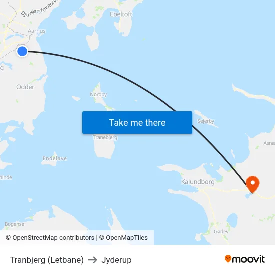 Tranbjerg (Letbane) to Jyderup map