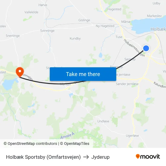 Holbæk Sportsby (Omfartsvejen) to Jyderup map