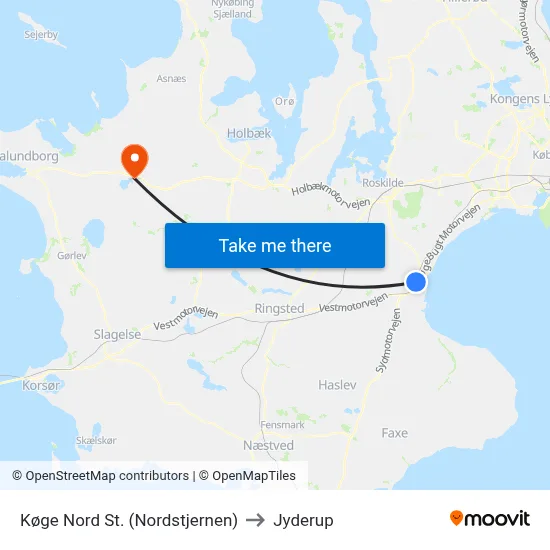 Køge Nord St. (Nordstjernen) to Jyderup map