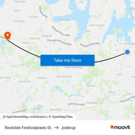 Roskilde Festivalplads St. to Jyderup map