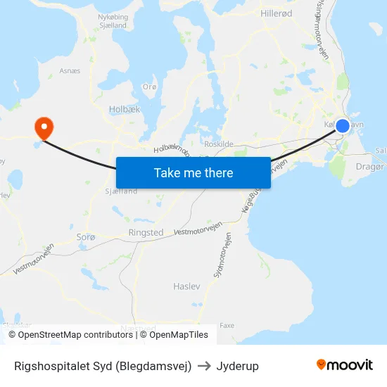 Rigshospitalet Syd (Blegdamsvej) to Jyderup map