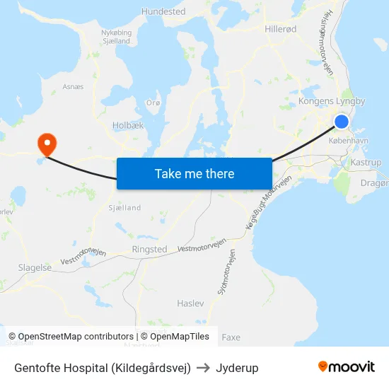 Gentofte Hospital (Kildegårdsvej) to Jyderup map