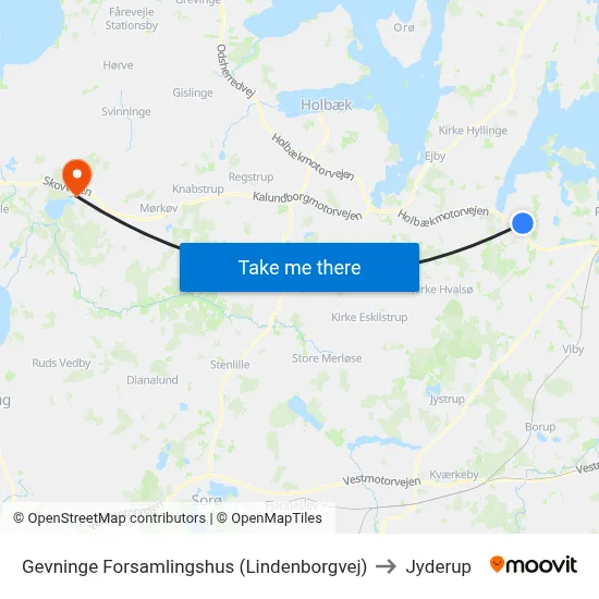 Gevninge Forsamlingshus (Lindenborgvej) to Jyderup map