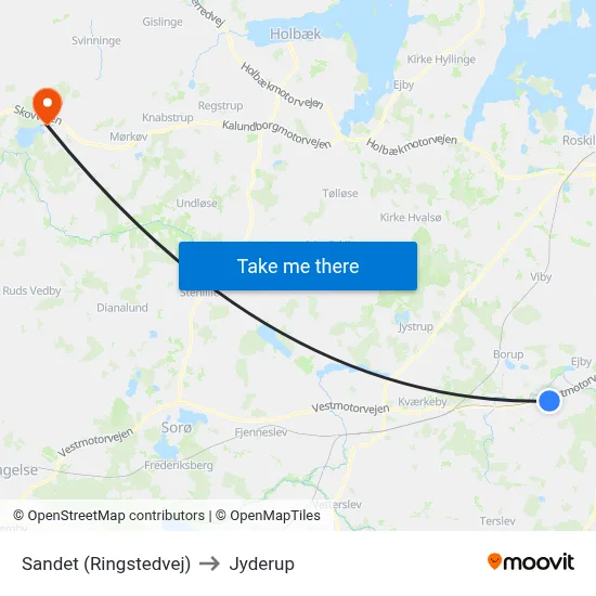 Sandet (Ringstedvej) to Jyderup map