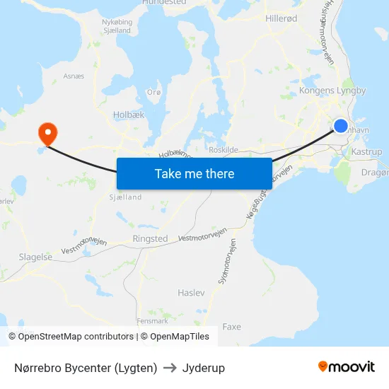 Nørrebro Bycenter (Lygten) to Jyderup map