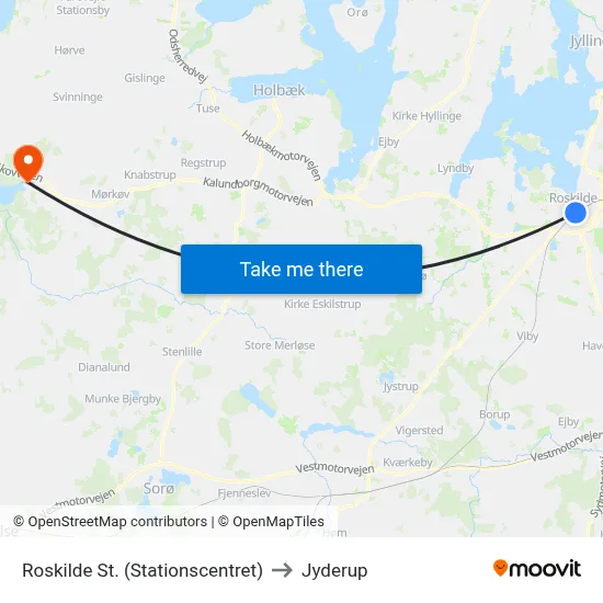 Roskilde St. (Stationscentret) to Jyderup map