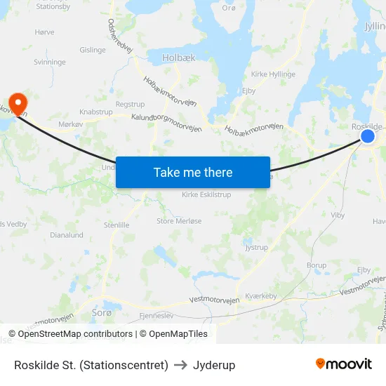 Roskilde St. (Stationscentret) to Jyderup map