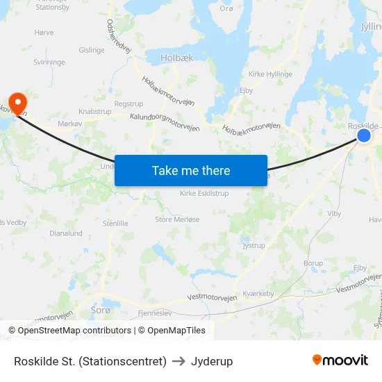 Roskilde St. (Stationscentret) to Jyderup map