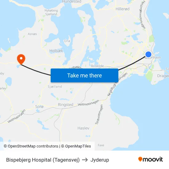 Bispebjerg Hospital (Tagensvej) to Jyderup map