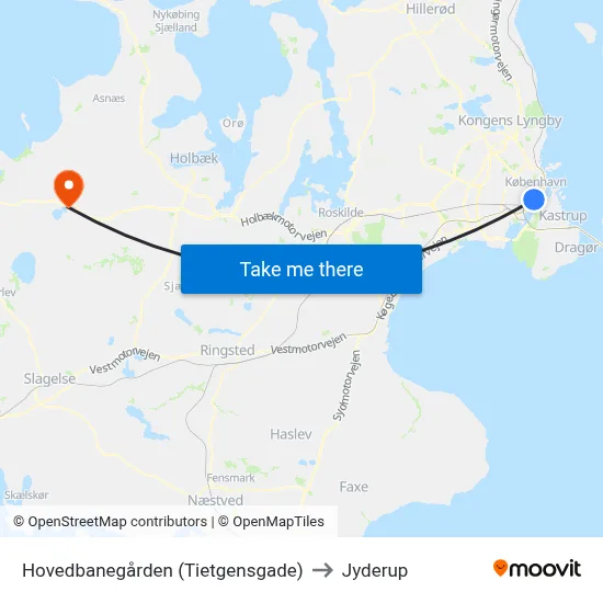 Hovedbanegården (Tietgensgade) to Jyderup map
