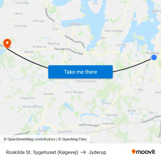 Roskilde St. Sygehuset (Køgevej) to Jyderup map