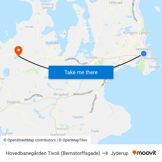 Hovedbanegården Tivoli (Bernstorffsgade) to Jyderup map