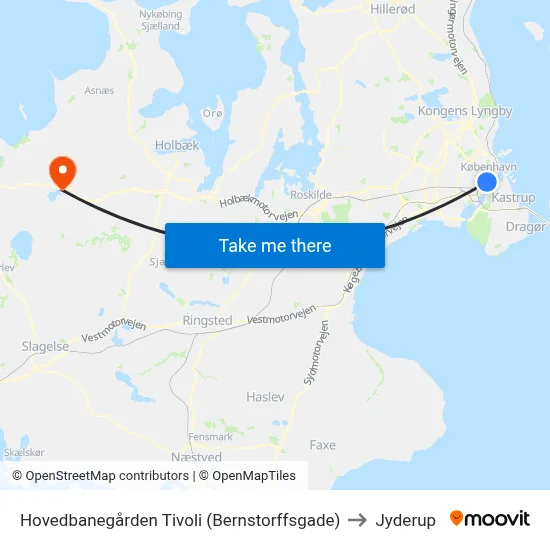Hovedbanegården Tivoli (Bernstorffsgade) to Jyderup map