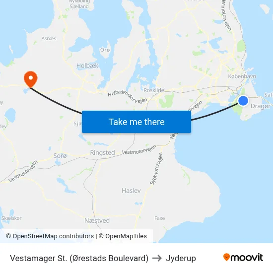 Vestamager St. (Ørestads Boulevard) to Jyderup map