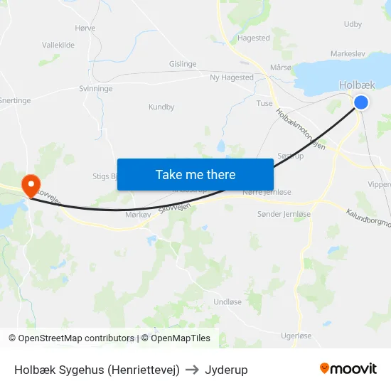 Holbæk Sygehus (Henriettevej) to Jyderup map