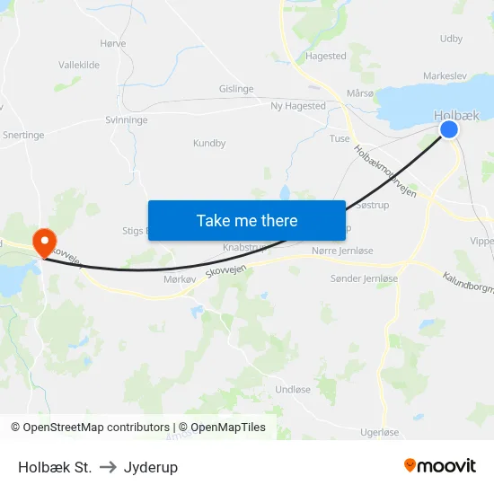 Holbæk St. to Jyderup map