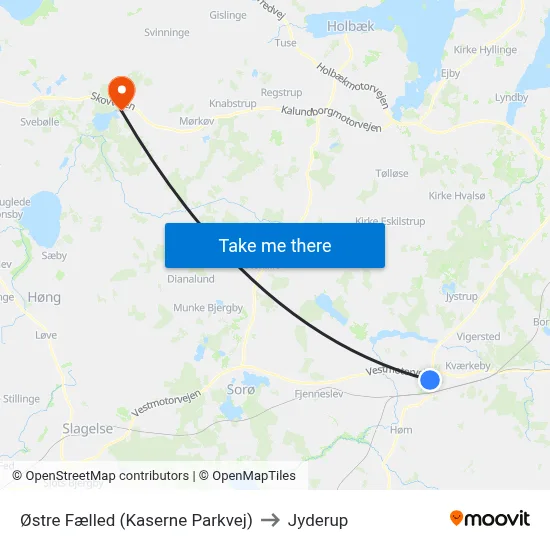 Østre Fælled (Kaserne Parkvej) to Jyderup map