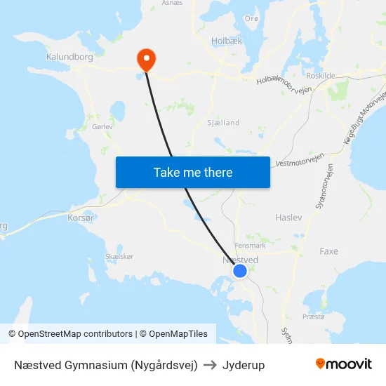 Næstved Gymnasium (Nygårdsvej) to Jyderup map