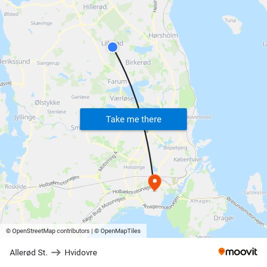 Allerød St. to Hvidovre map