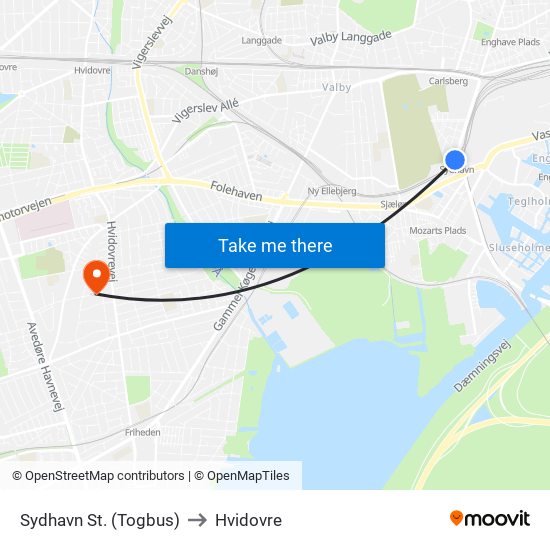 Sydhavn St. (Togbus) to Hvidovre map